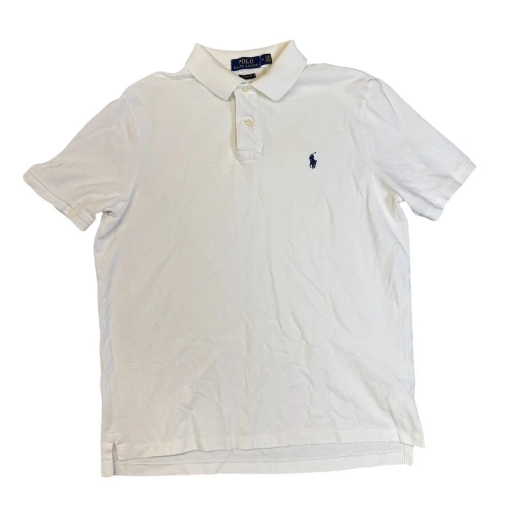 Polo Ralph Lauren Mens Classic Fit White Pique Polo Shirt Navy Pony Logo Size M